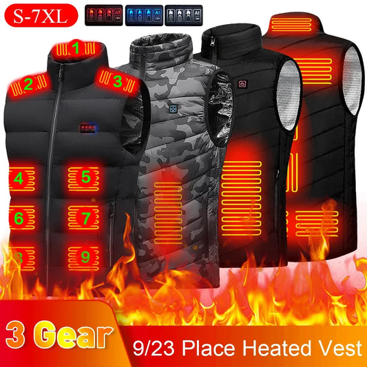 23/9 Heated Zones Vest Electric Heated Jacket Washable Men's Winter Jacket USB Heating Vest Thermal Clothing For Camping S-7XL