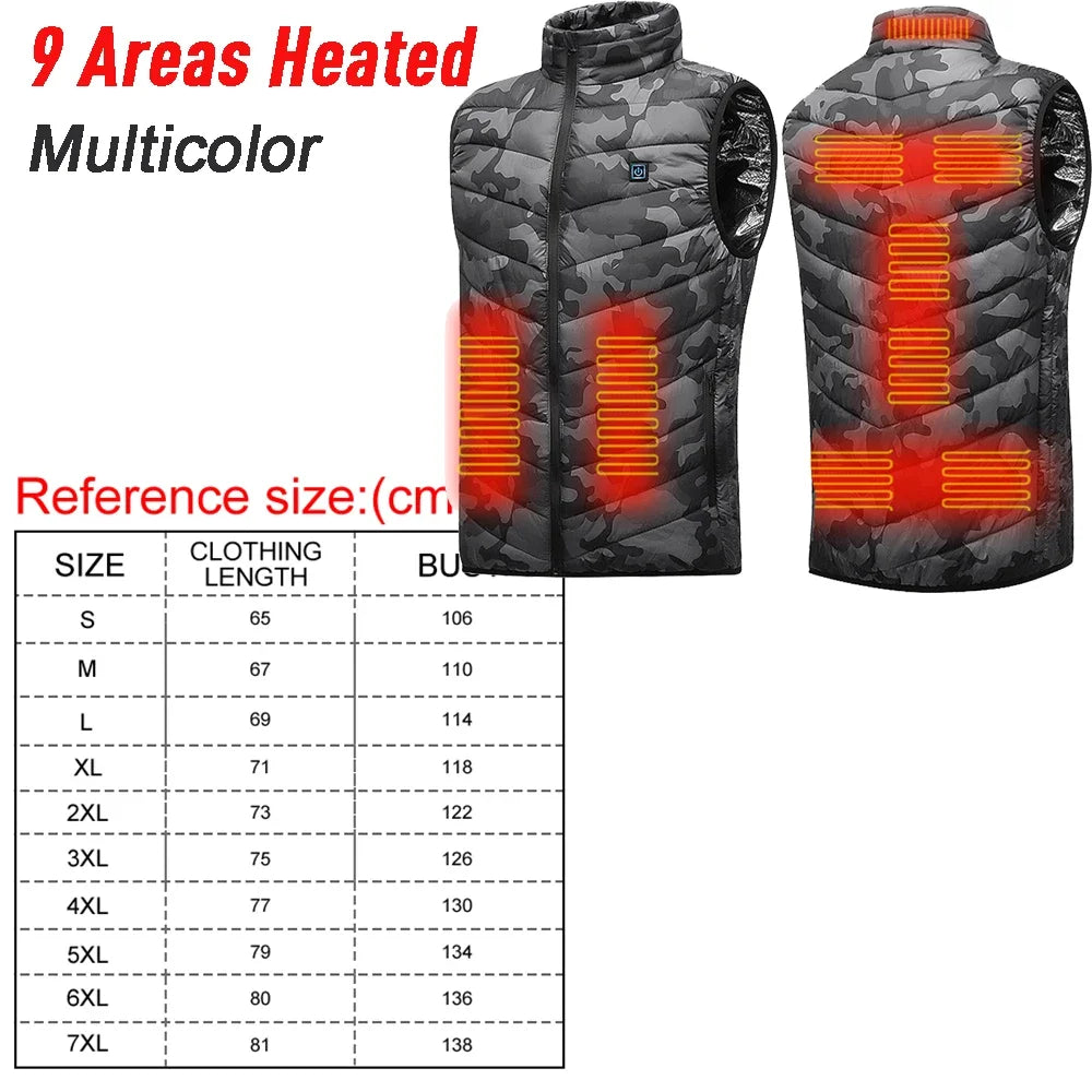 23/9 Heated Zones Vest Electric Heated Jacket Washable Men's Winter Jacket USB Heating Vest Thermal Clothing For Camping S-7XL